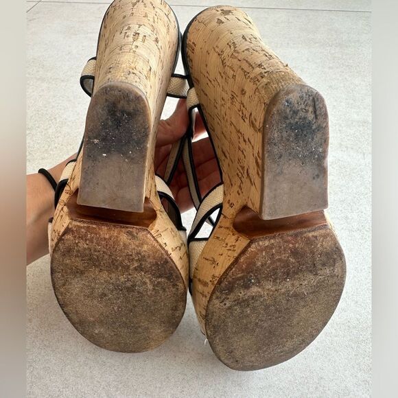 Yves Saint Laurent White/Navy Blue Canvas Deauville Cork Wedge Sandals Size 39 - Picture 10 of 10